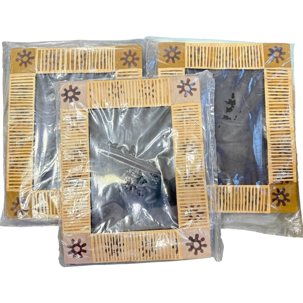 Ghana Adinkra Textile Picture Frames Set 3pc Straw Trim 6.5x4.5 Opening